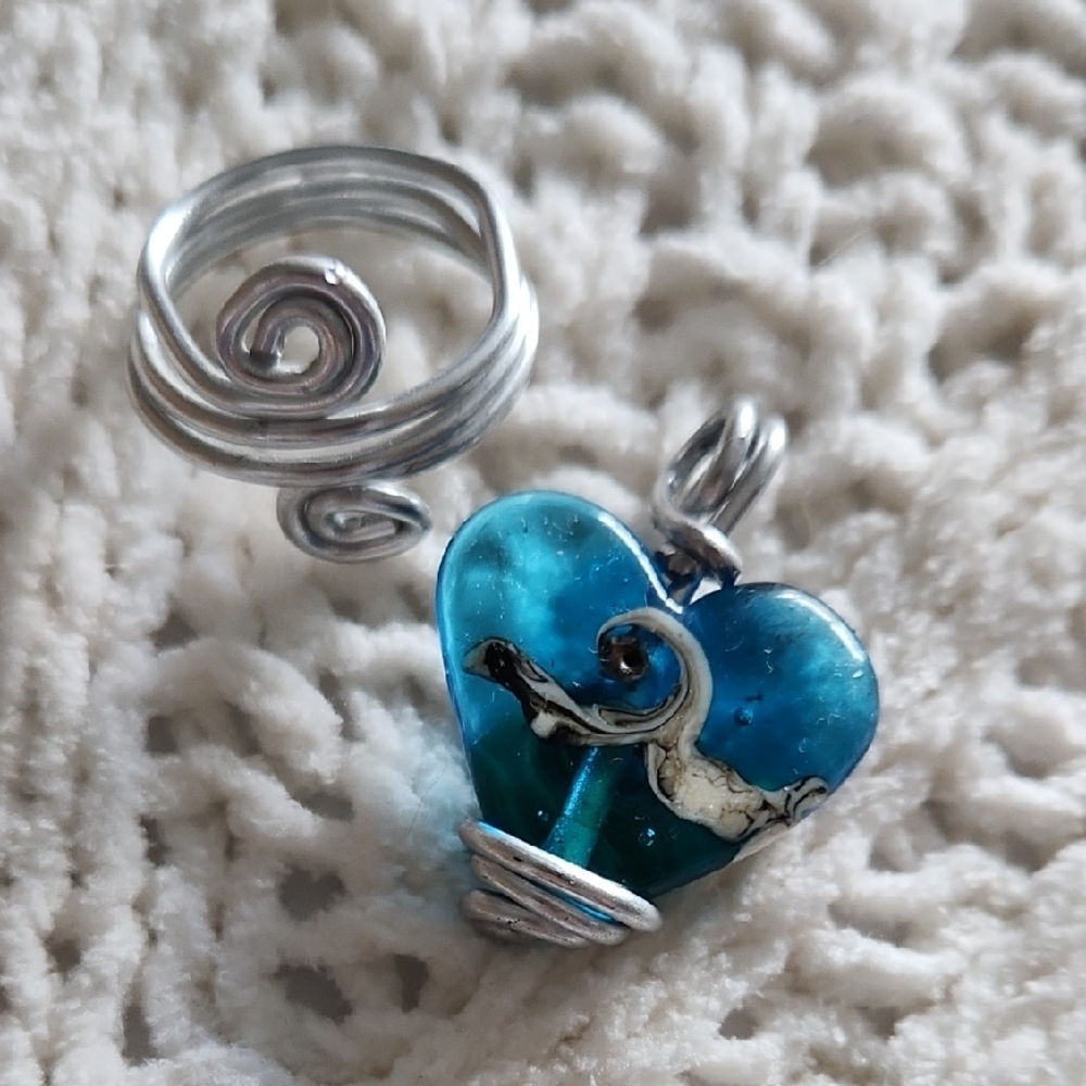 Artisan Sterling Silver and Blue Heart With Wave Pendant & Spiral Sterling Ring